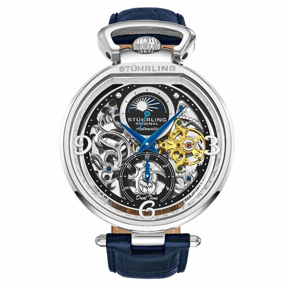 STUHRLING 3954.1 Men's Modena Dual Time Automatic 46mm Skeleton Watch